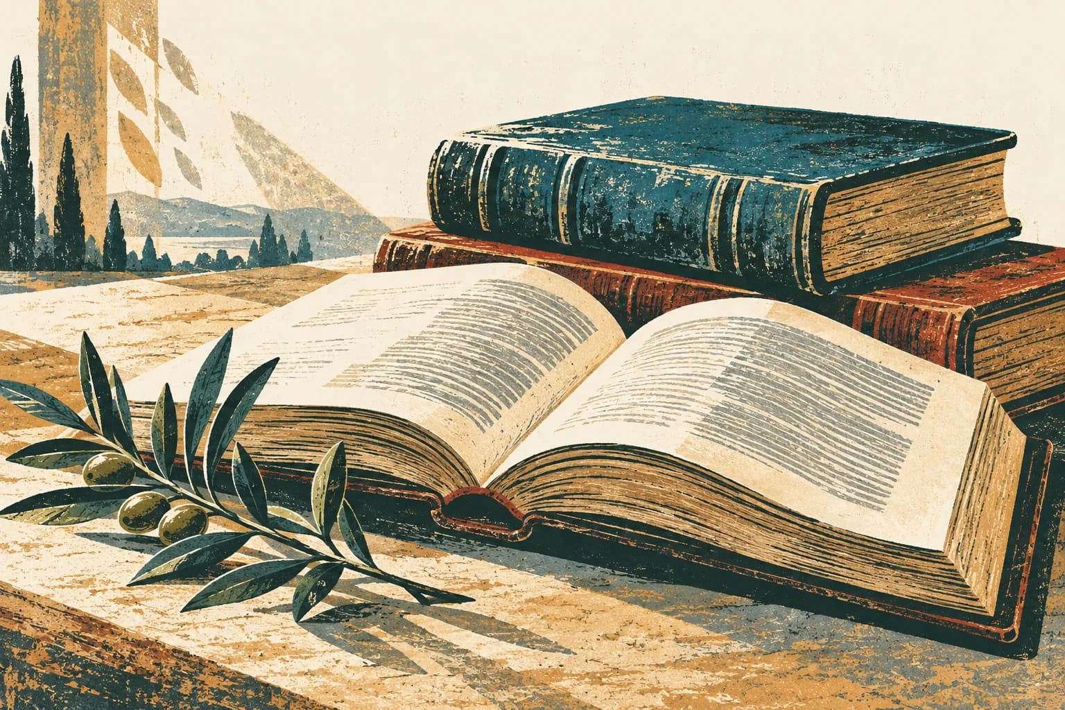 Printed illustration of open books and an olive sprig