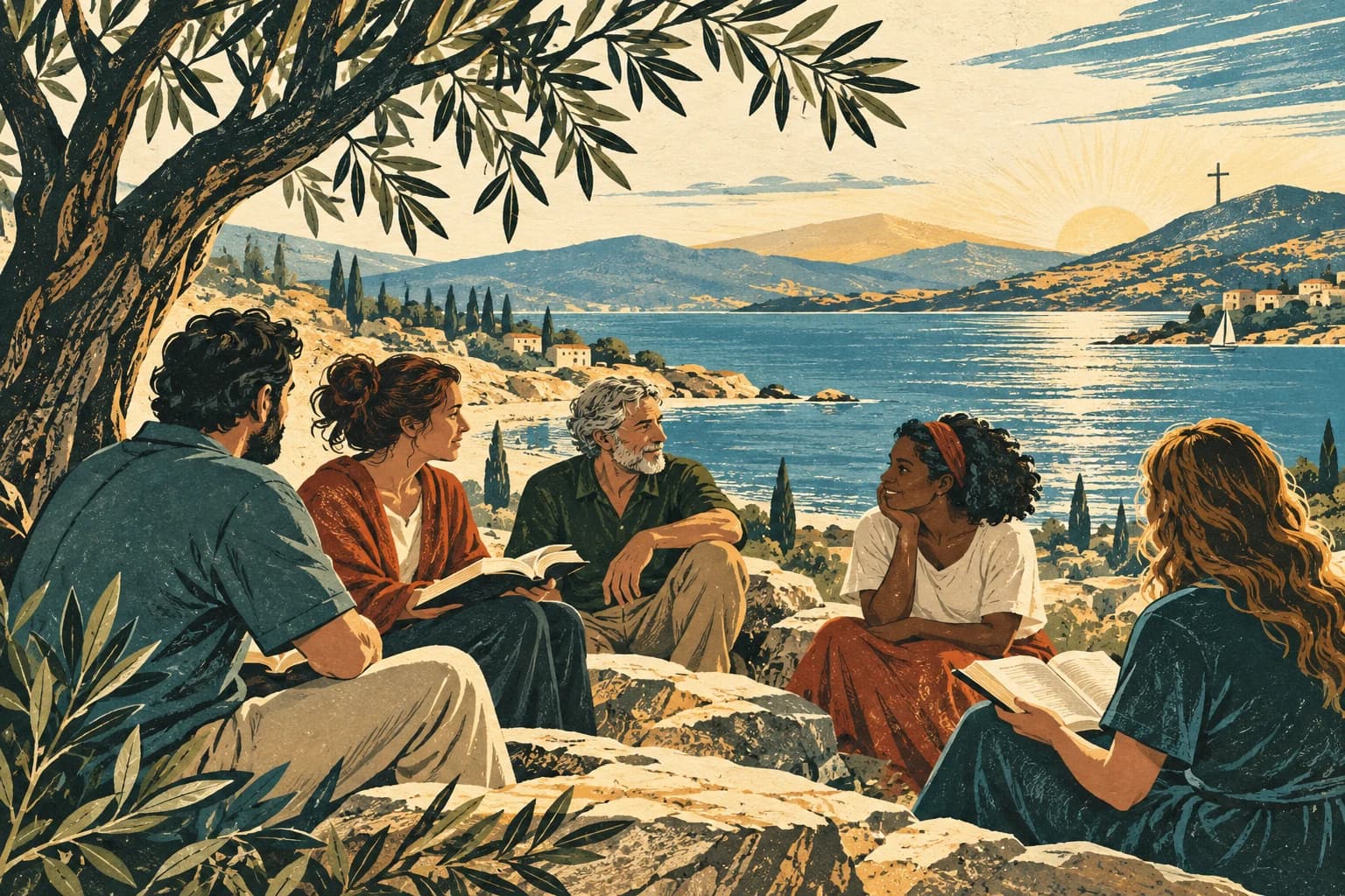 Contemporary printed illustration of people studying together by a quiet shore
