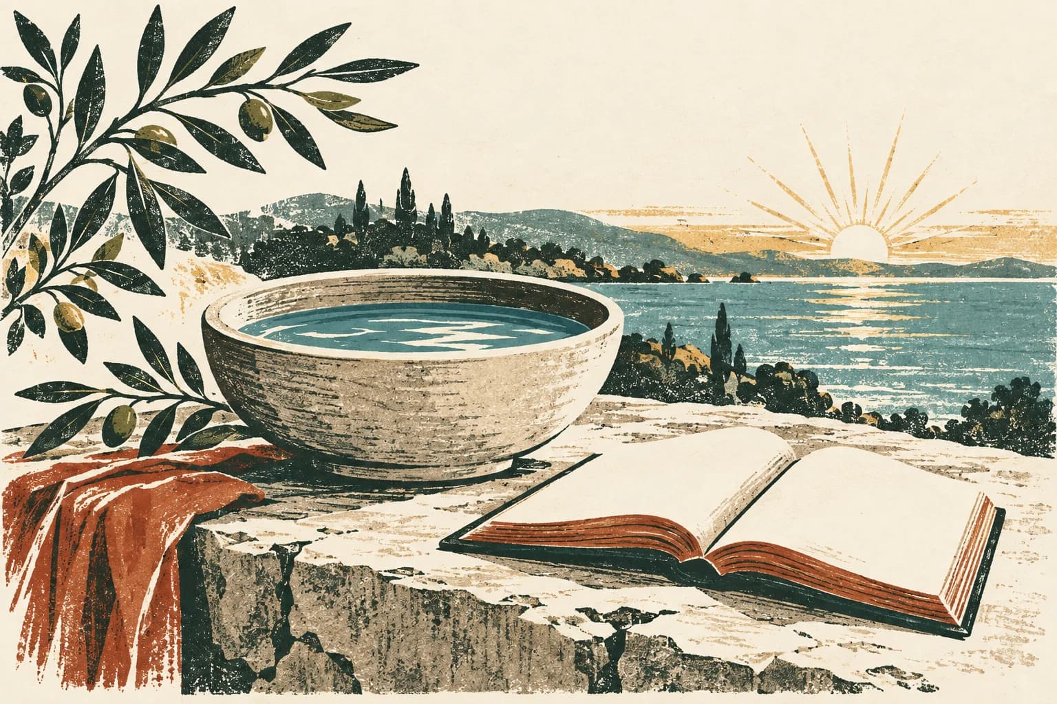 Symbolic printed illustration of water, an open book and olive branches